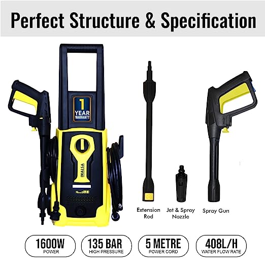 Inalsa High Pressure Washer PowerShot-1600W|100% Pure Copper Motor|Pressure-135 Bar, Max Flow-408 l/h, Working Radius +11 m,5M High Pressure Hose Pipe for Cleaning Homes, Cars, Garden, (Yellow/Black) Inalsa High Pressure Washer PowerShot-1600W|100% Pure Copper Motor|Pressure-135 Bar, Max Flow-408 l/h, Working Radius +11 m,5M High Pressure Hose Pipe for Cleaning Homes, Cars, Garden, (Yellow/Black)